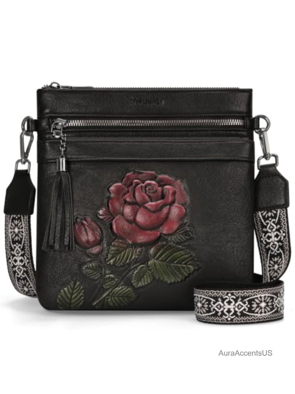 Vegan Leather Crossbody Bag Embossed Floral Multi-Pocket Purse